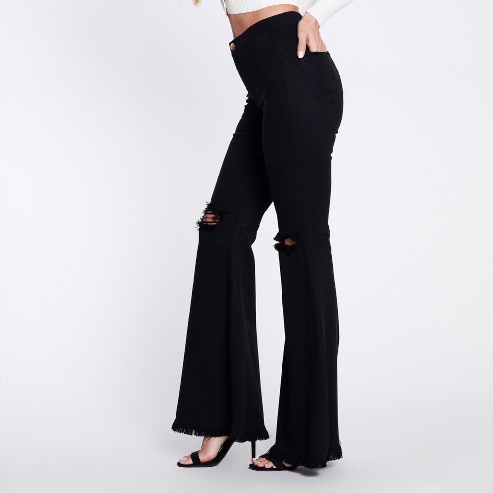 Black High Waist Flare Jeans with fray hem